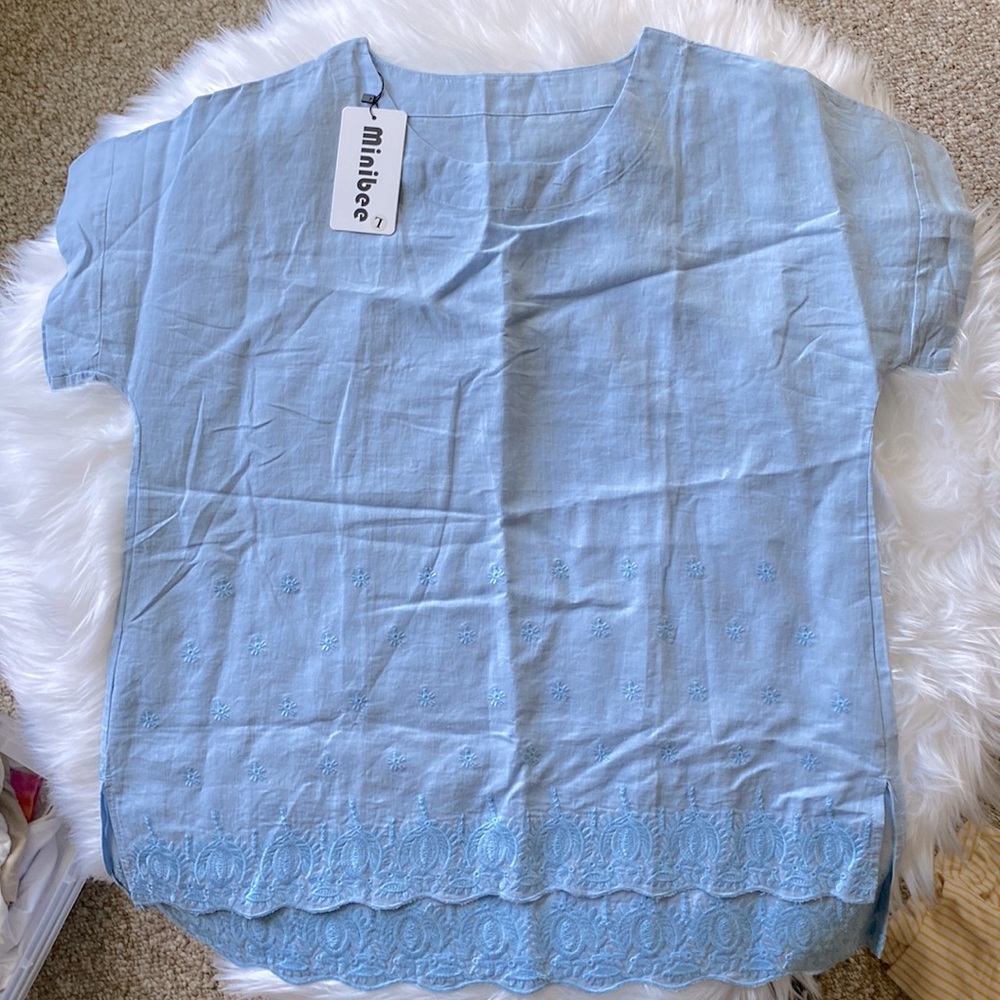 NWT - Soft Blue Linen Shirt w/Embroidery Detail